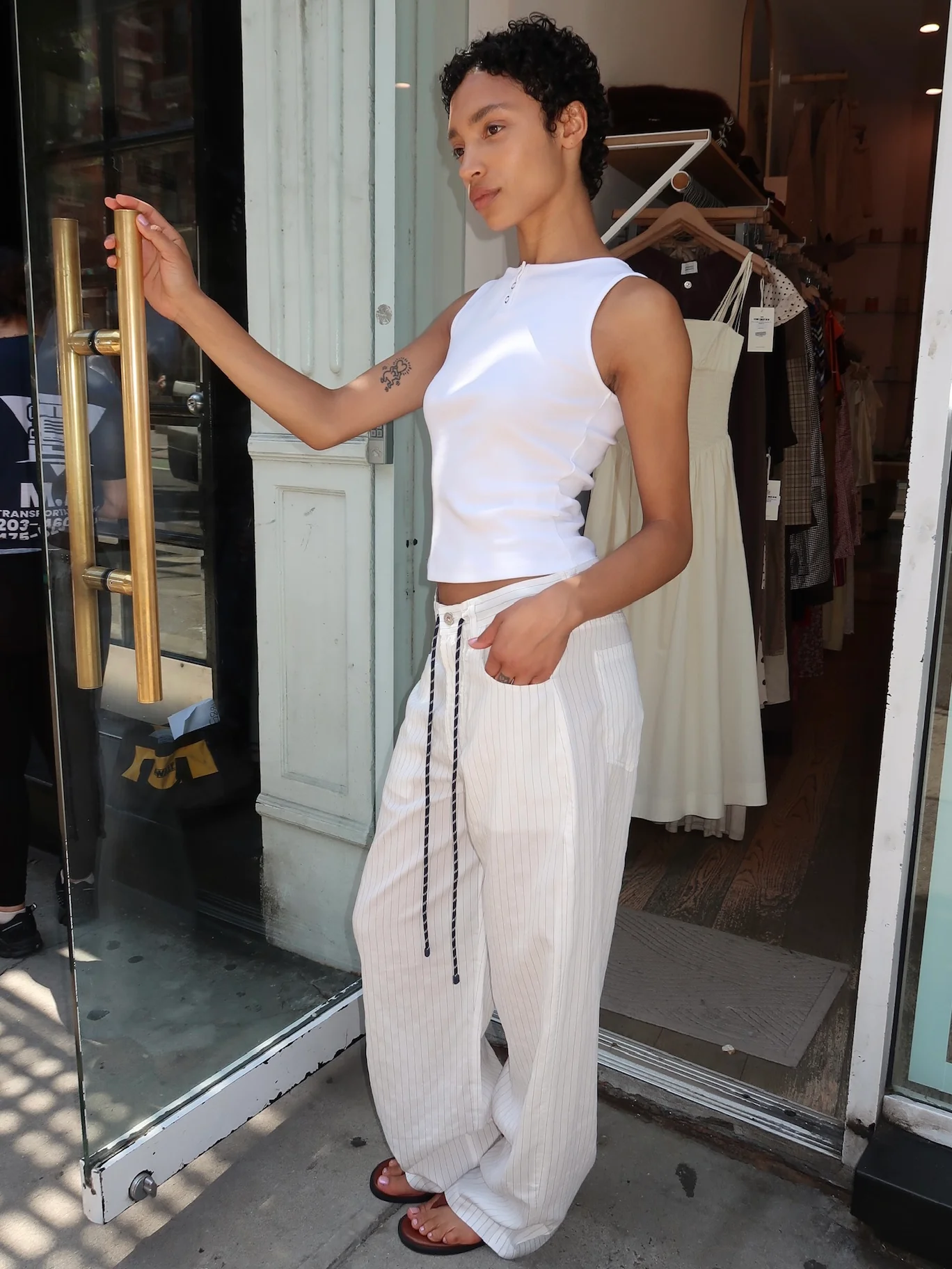 Brynn Drawstring Trouser in Black Pinstripe - Image 2