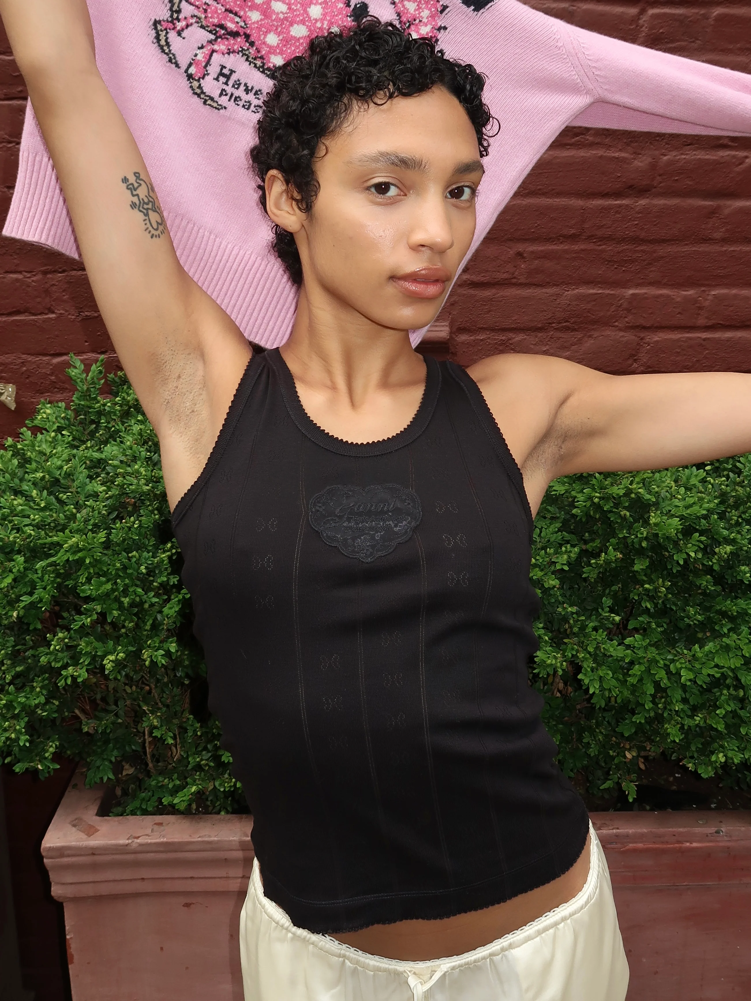 Compact Pointelle Rib Jersey Tank Top in Black - Image 4