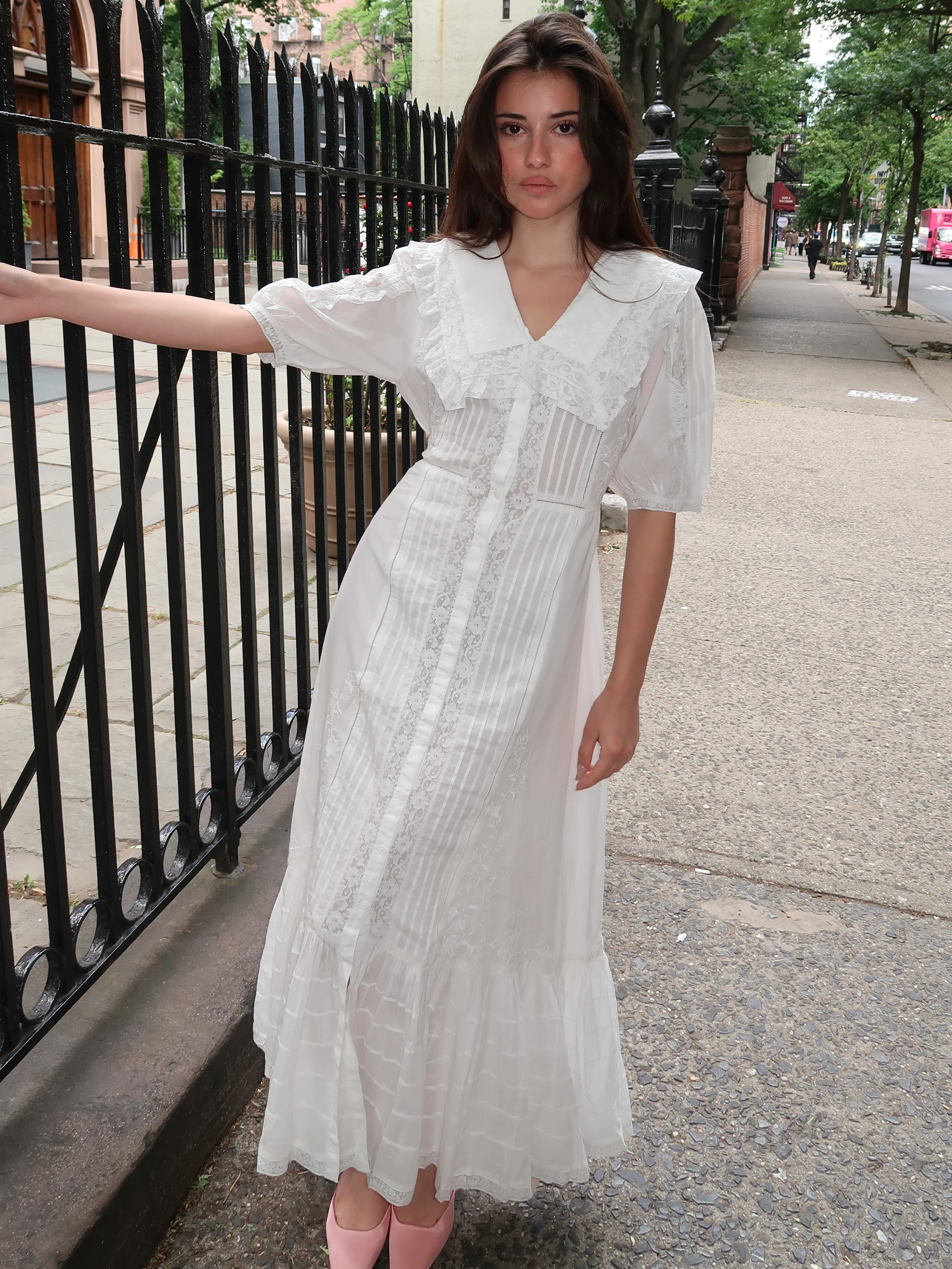 Edina Dress Pansy Embroidery White