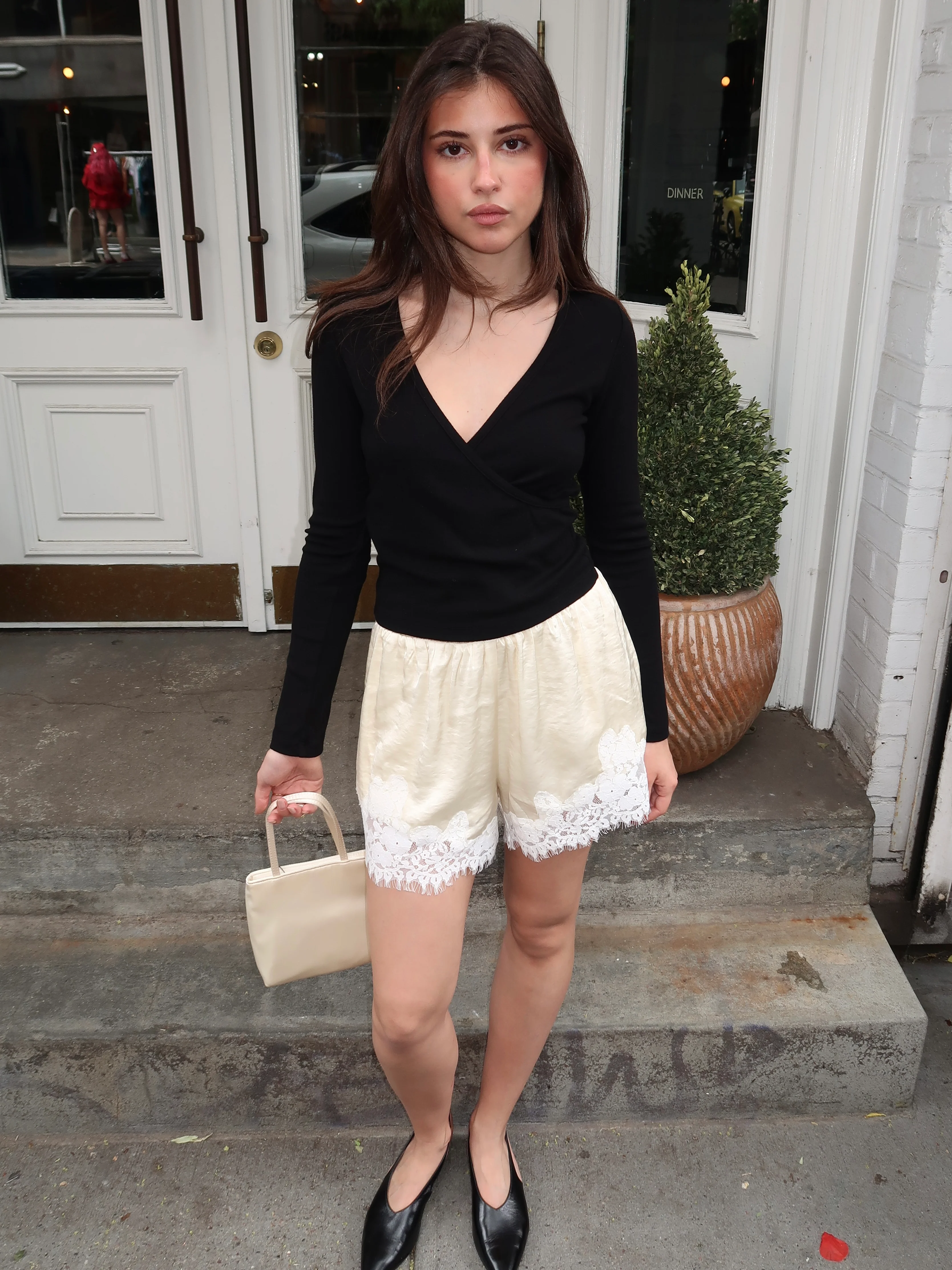 Fortney Lace Trim Silky Shorts in Cream - Image 2