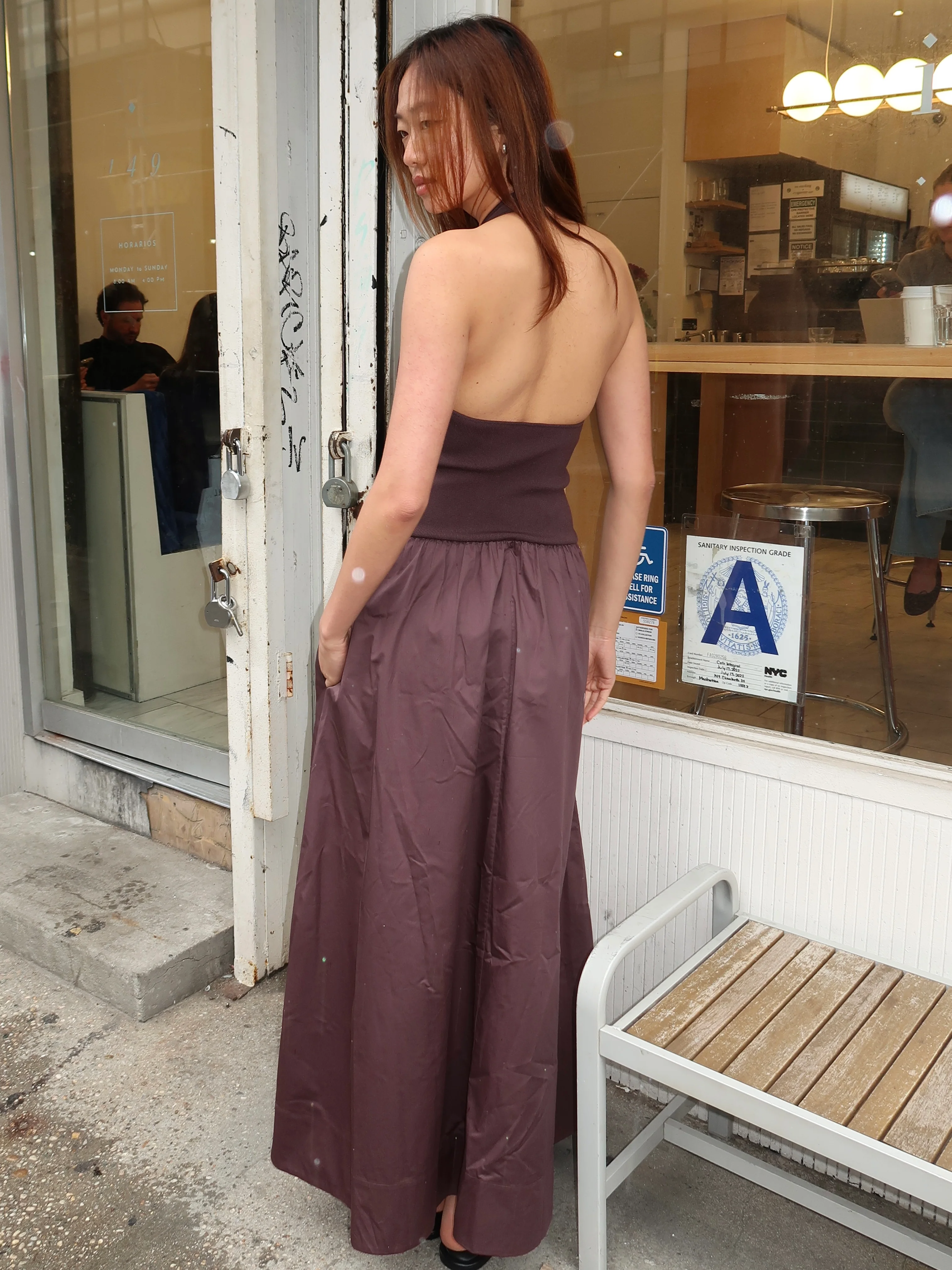 Halter Gathered Dress in Chocolate Plum - Image 3