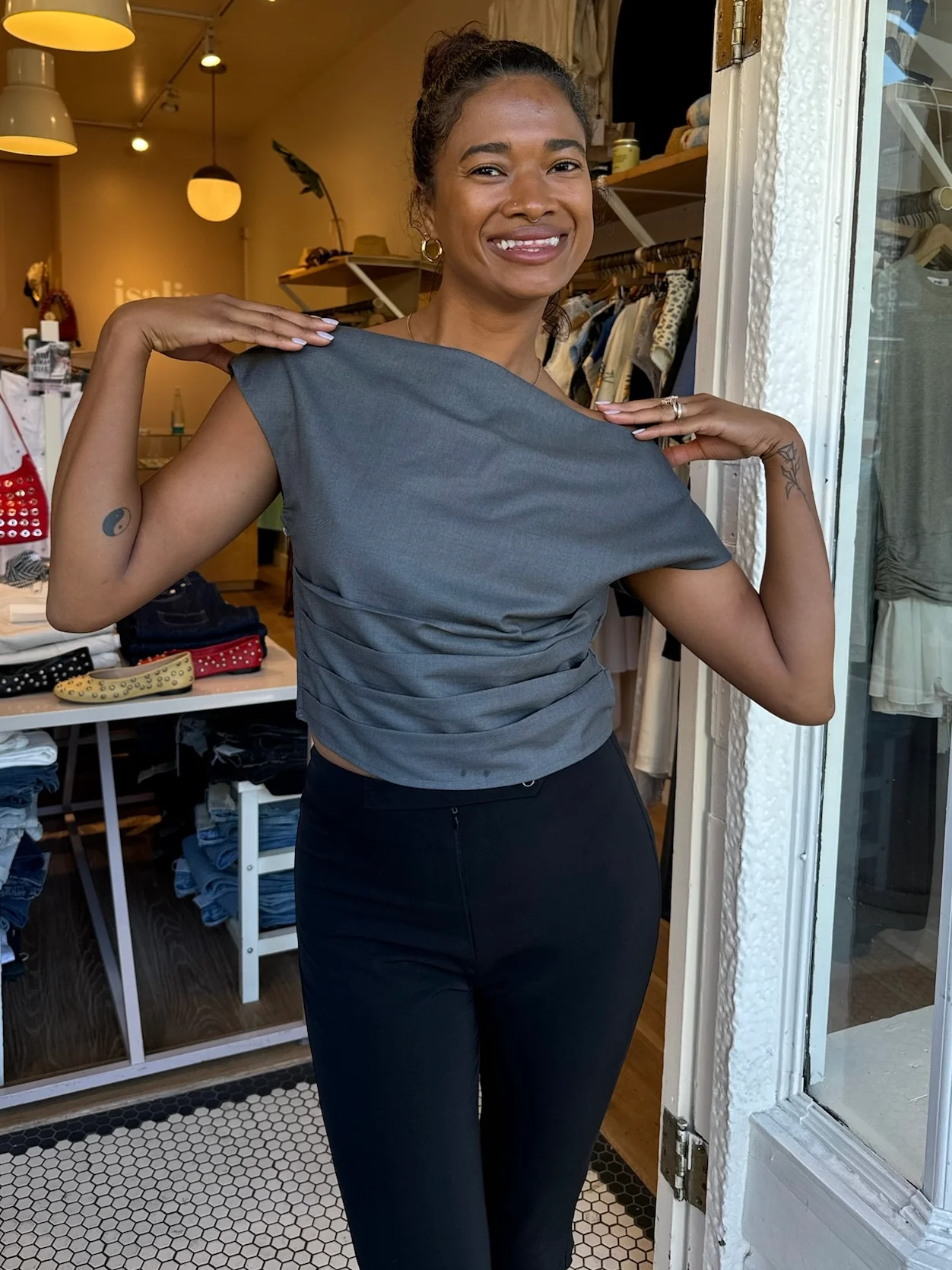 Locust Off-Shoulder Top in Charcoal - Image 2