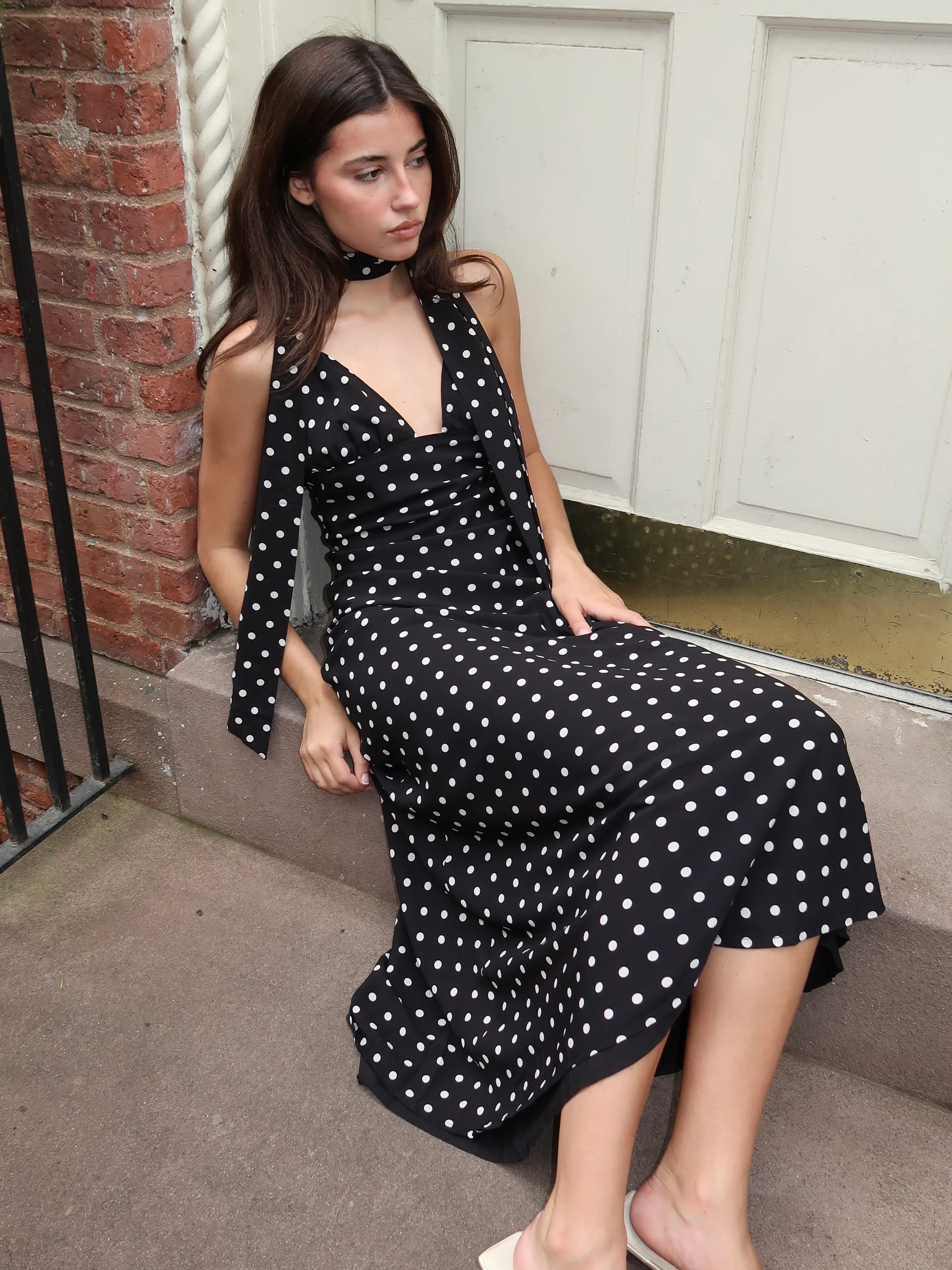 Stassie Scarf Maxi Dress in Black Polka Dot