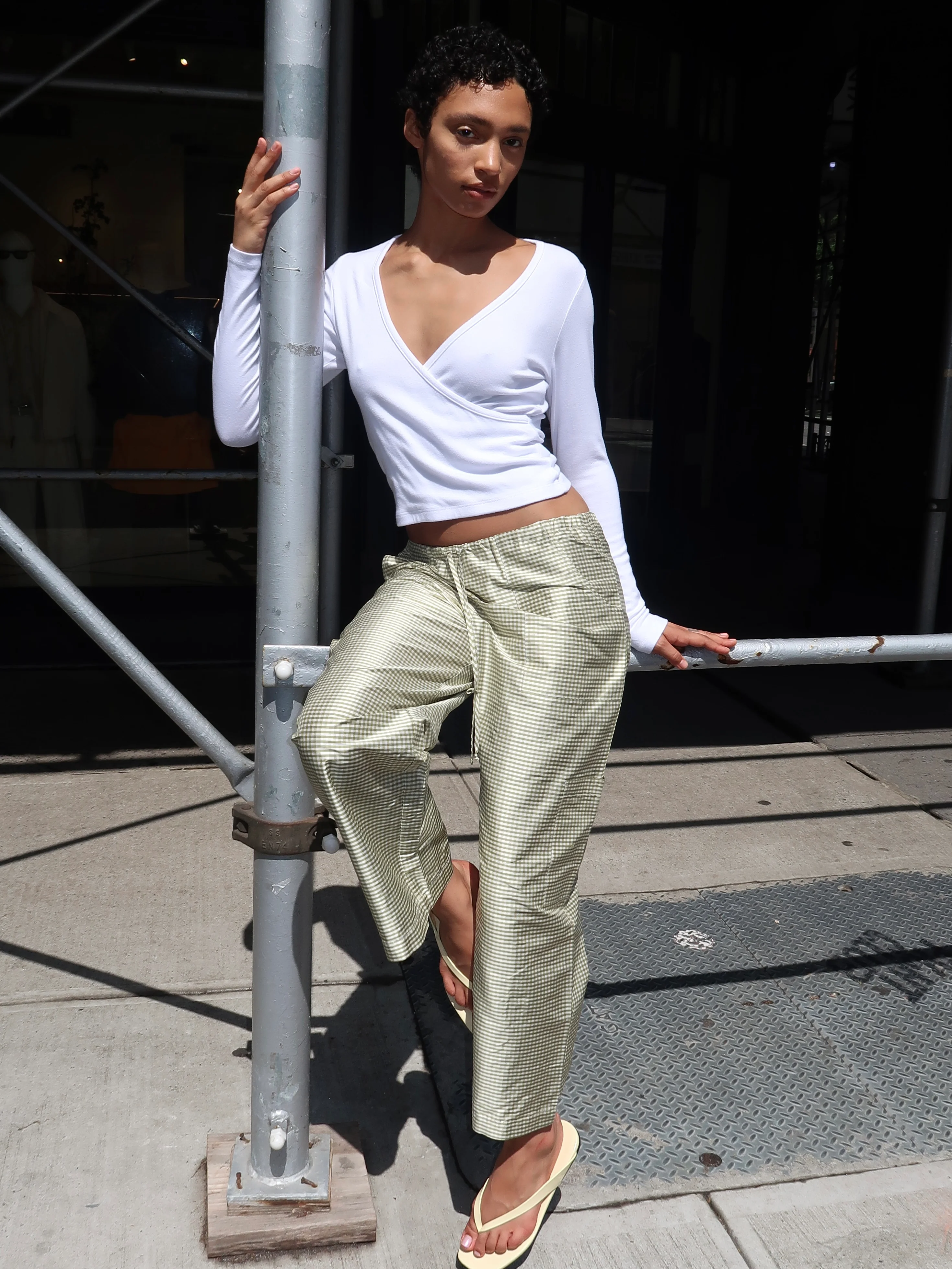 Taffeta Gingham Drawstring Cargo Pant in Pistachio