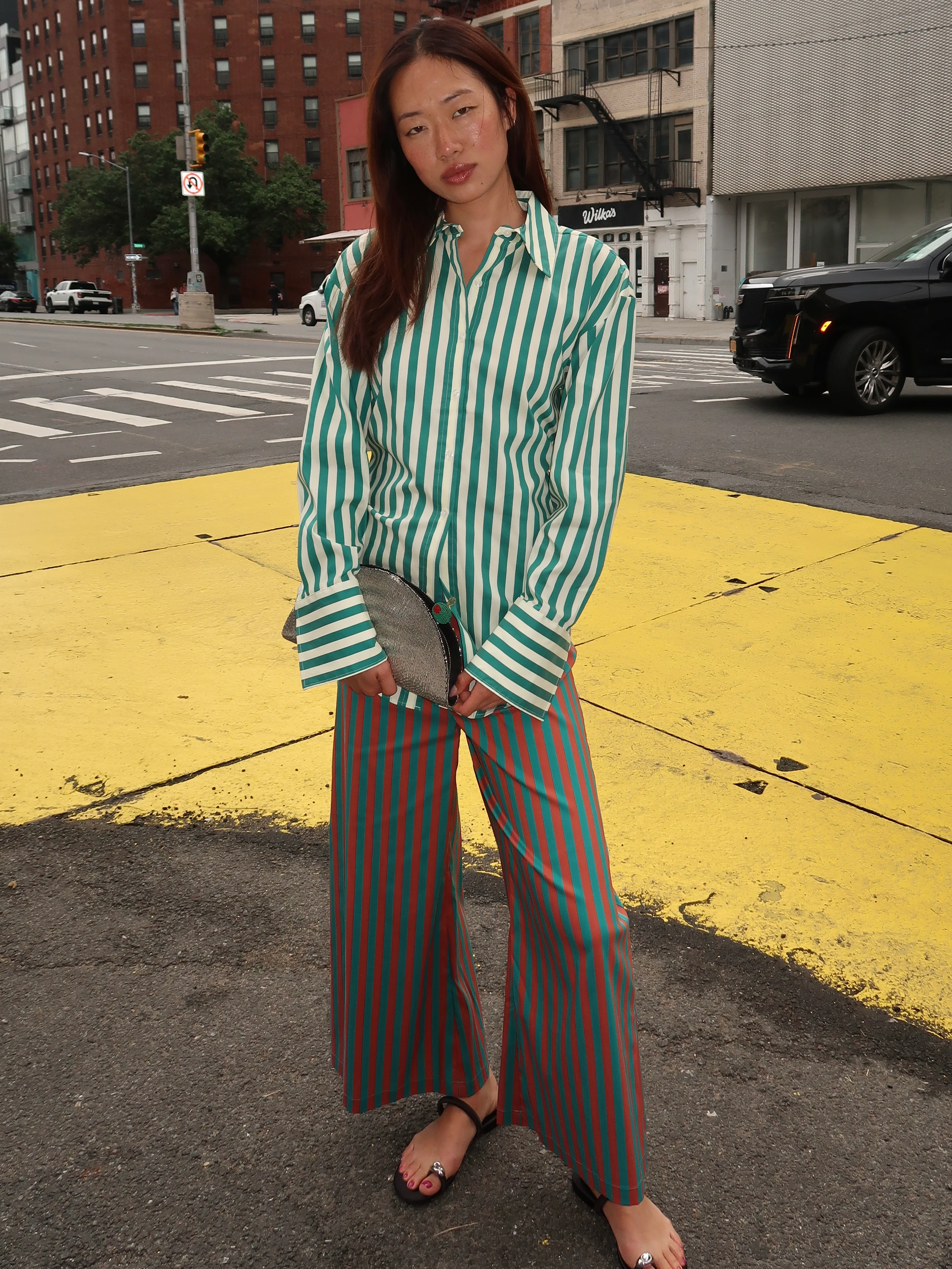 Toni Poplin Pant in Teal/Brick Stripe - Image 2