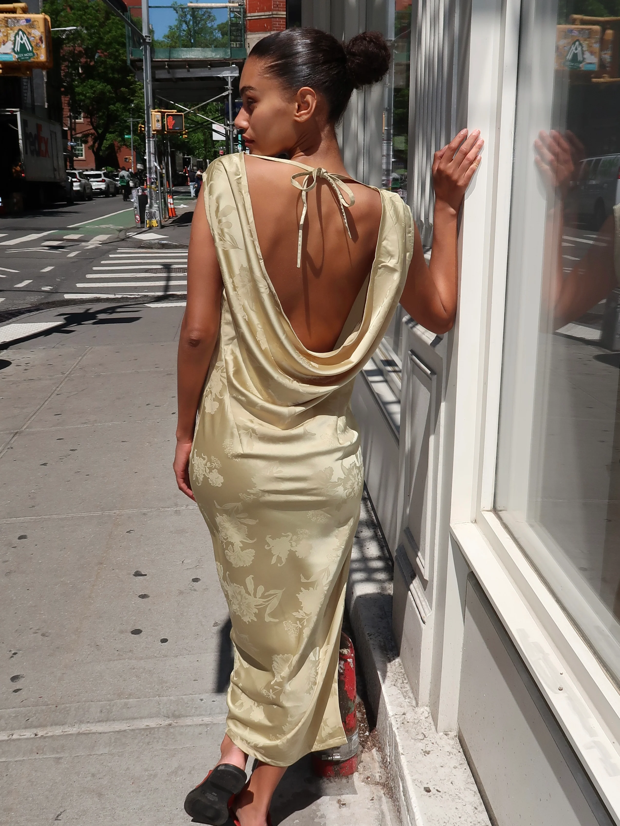 Whim Dress in Gold Jacquard - Image 3