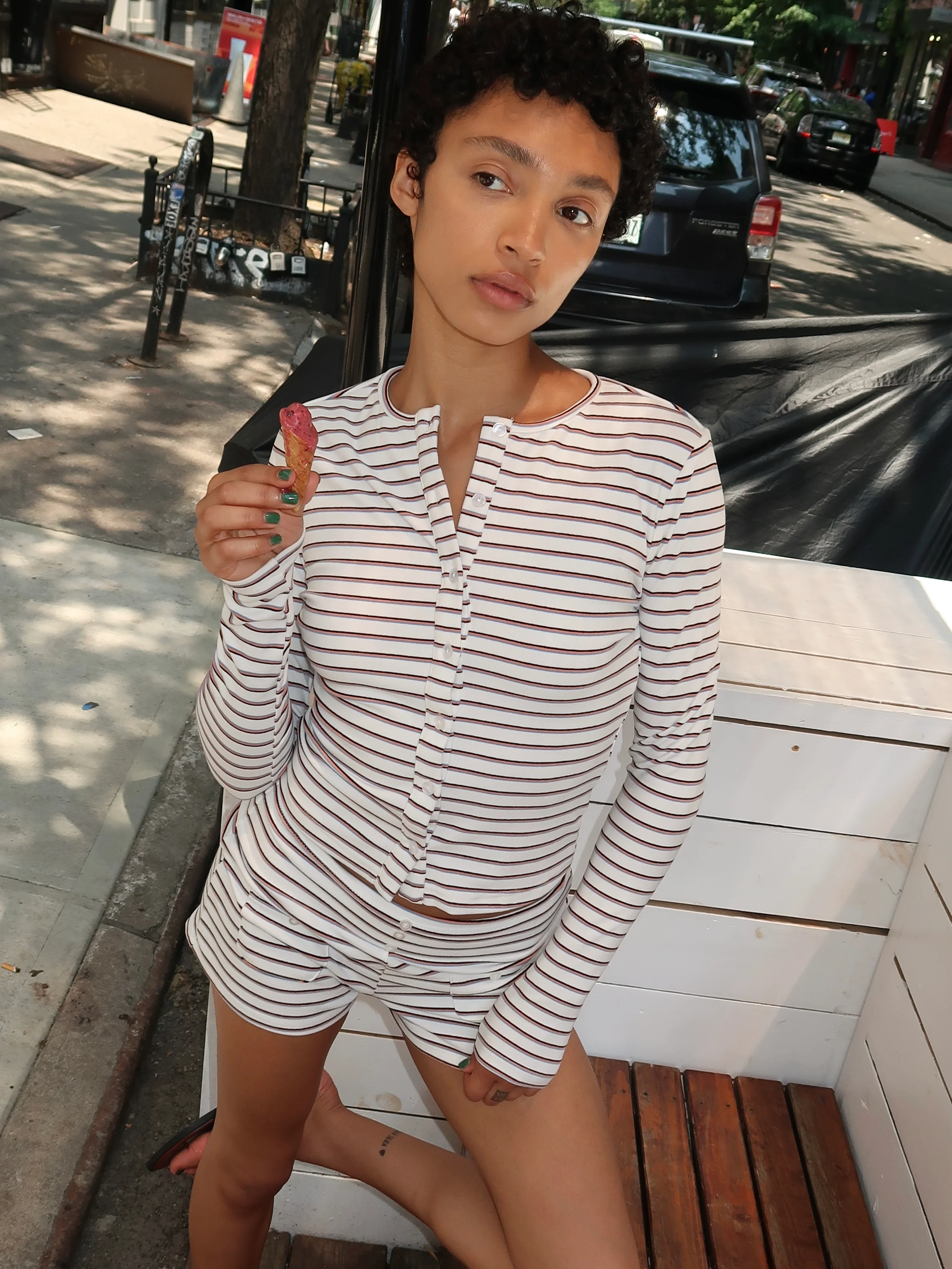 Yas Cardigan in White Stripe - Image 4